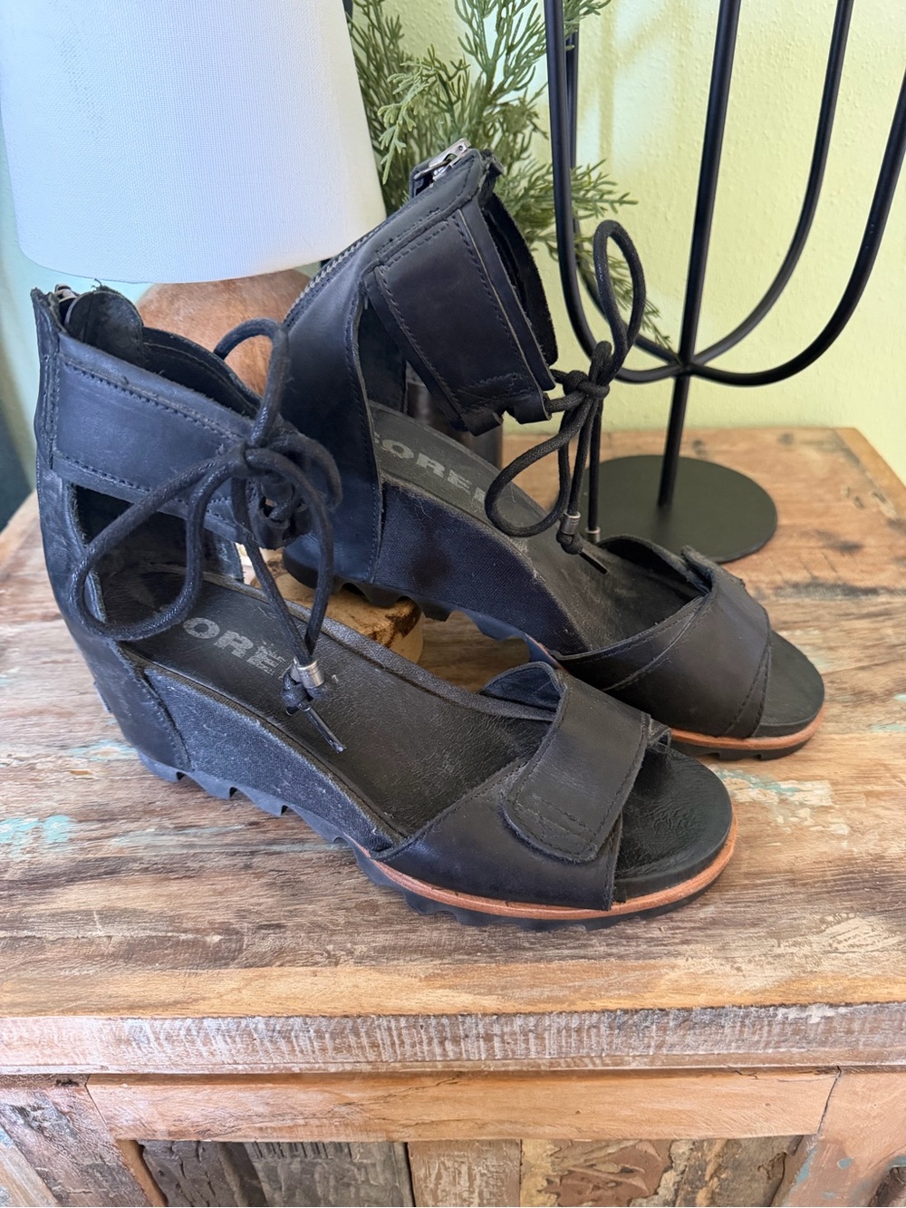 Sorel Black Lace-Up Wedge Sandals for Women